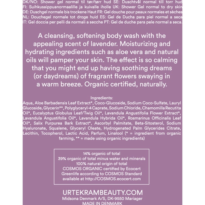 Urtekram Soothing Lavender Body Wash 200 ml lilla bagside med ingrediensliste og økologisk certificering