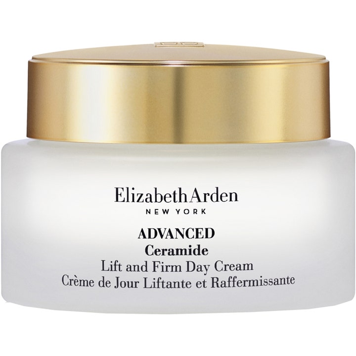 Elizabeth Arden Advanced Ceramide Lift and Firm Day Cream 50 ml i en elegant krukke af frostet glas med guldlåg.