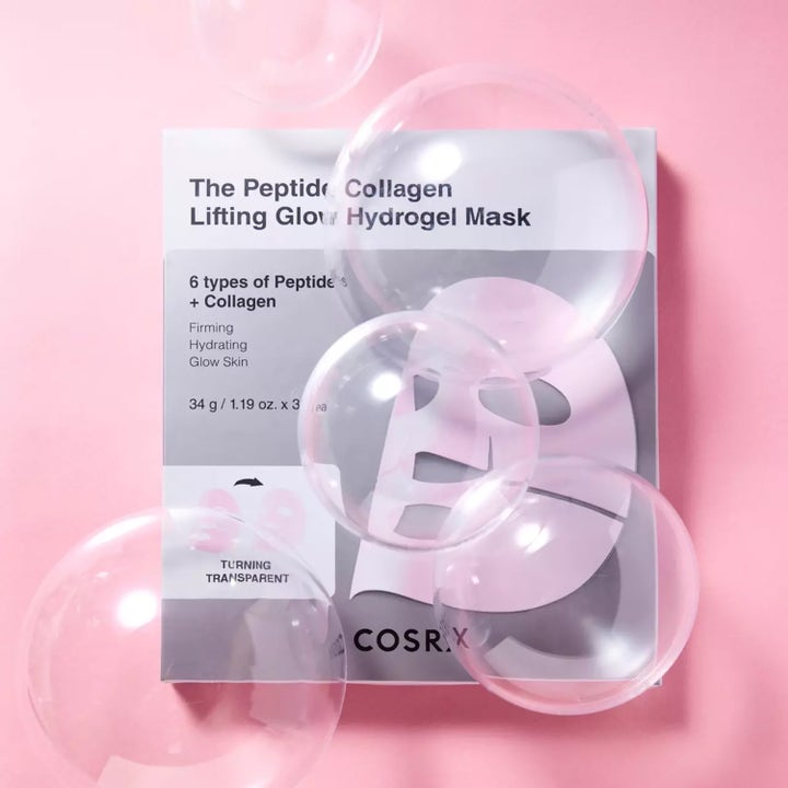 COSRX Peptide Glow Hydrogel Mask 3 stk fugtgivende ansigtsmaske med peptider vist med klare bobler