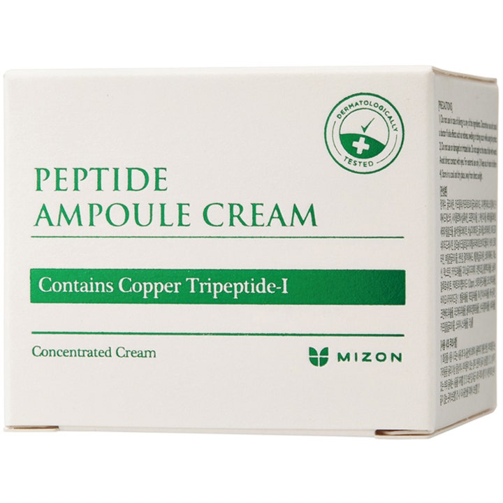 Mizon Peptide Ampoule Cream 50 ml opstrammende ansigtscreme i hvid papæske med grøn tekst og kobberpeptider