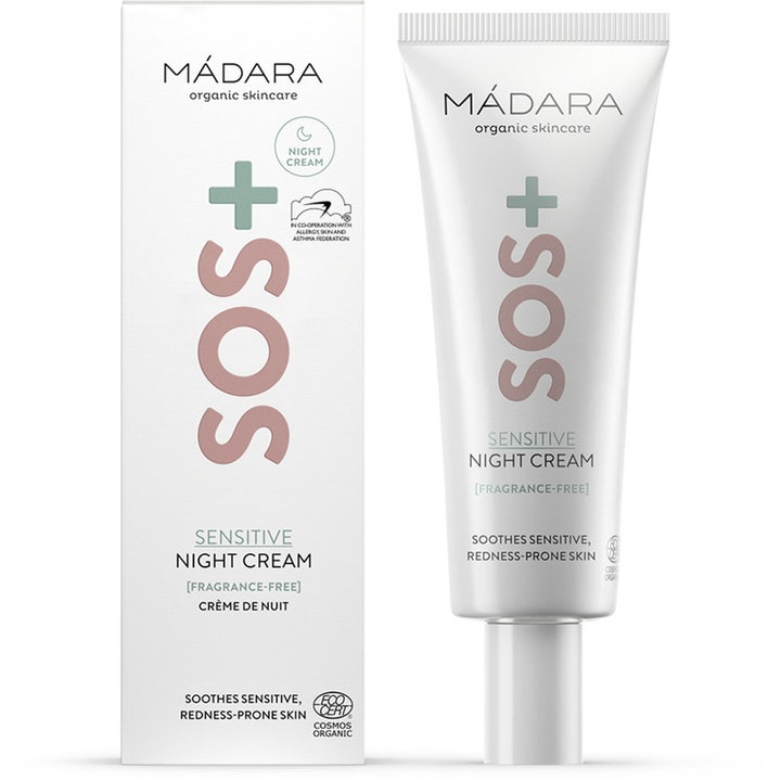 MÁDARA SOS + SENSITIVE Night Cream 70 ml beroligende natcreme i hvid tube og æske til hud med rødme