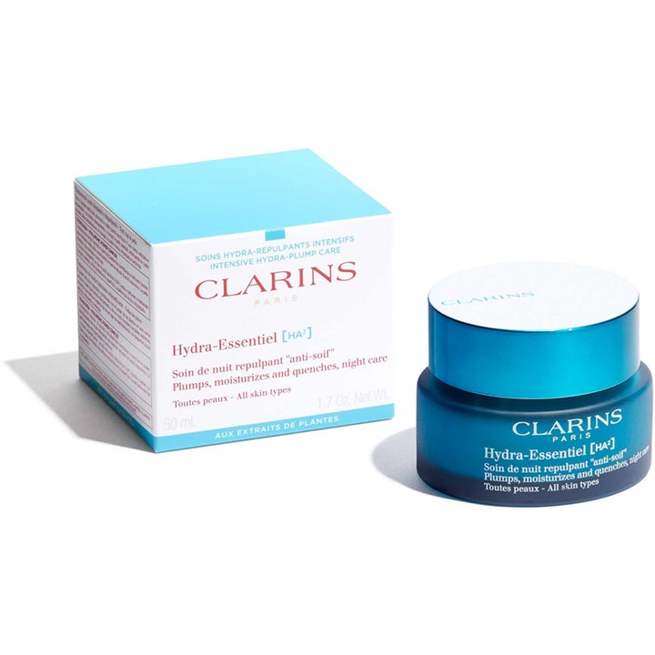 Clarins Hydra-Essentiel 50 ml fugtgivende natcreme i blå glaskrukke med hvidt låg ved siden af produktæsken.