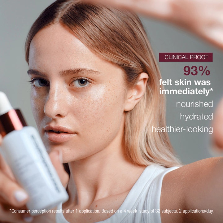 Dermalogica Dynamic Skin Strengthening Serum 30 ml hudstyrkende serum vist på kvinde med sund hud og klinisk bevis