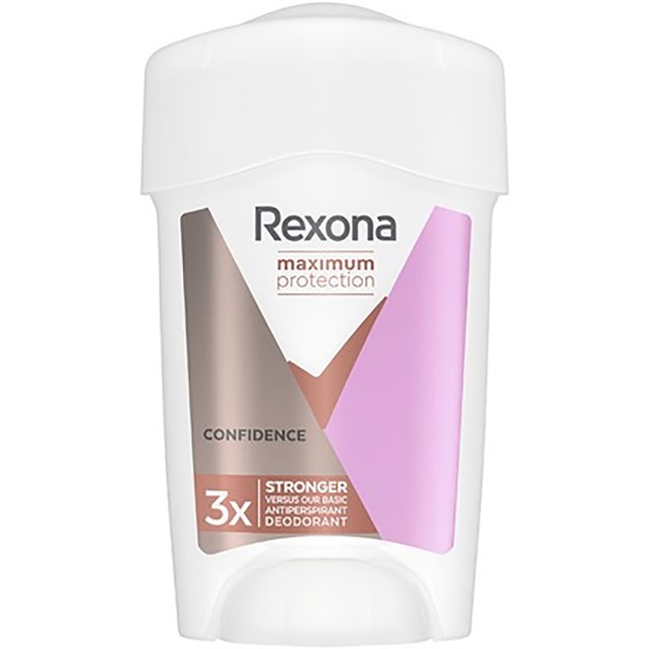 Rexona Maximum Protection Confidence 45ml antiperspirant i hvid plastbeholder med lyserøde og grå grafiske detaljer