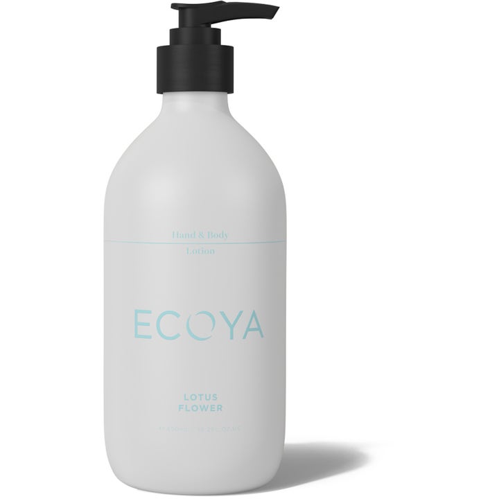 Ecoya Lotus Flower Hand & Body Lotion 450 ml plejende kropspleje i hvid flaske med sort pumpe og lyseblå skrift