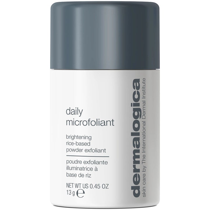Dermalogica Daily Microfoliant 13 g eksfolierende pulver der giver glød i hvid plastflaske med mørkt låg