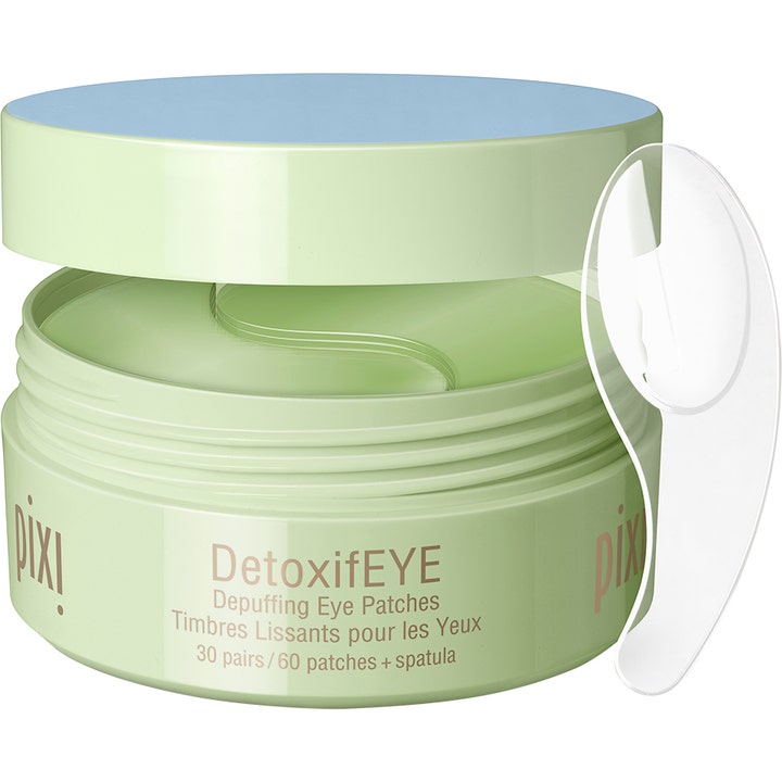 Pixi DetoxifEYE 30 par øjenmasker dæmper hævelser i lysegrøn krukke med gennemsigtig spatel.