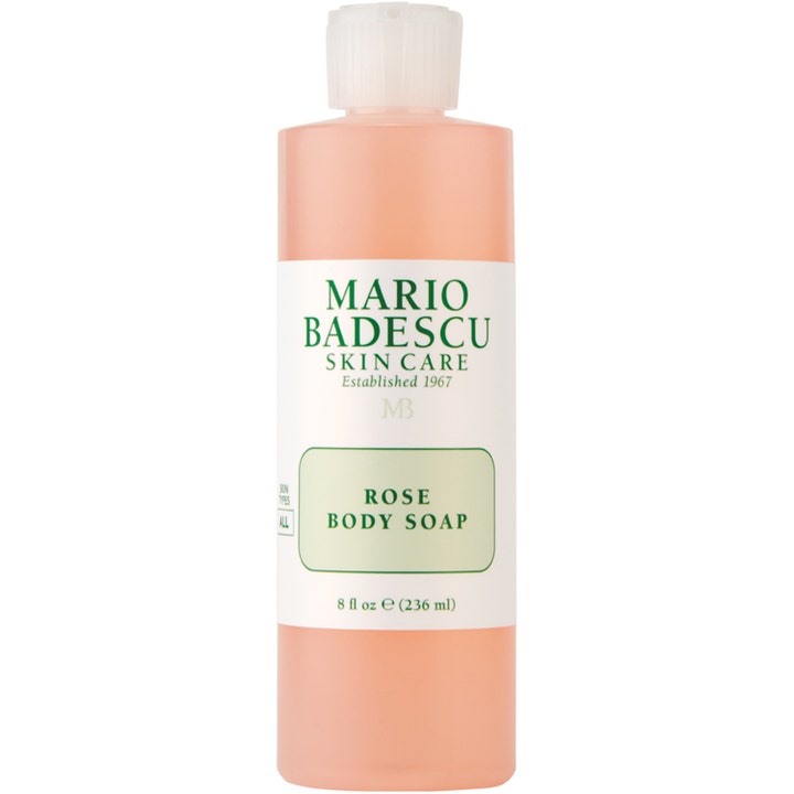 Mario Badescu Rose Body Soap 236 ml opfriskende kropsvask i klar flaske med lyserød gel og hvidt mærkat.