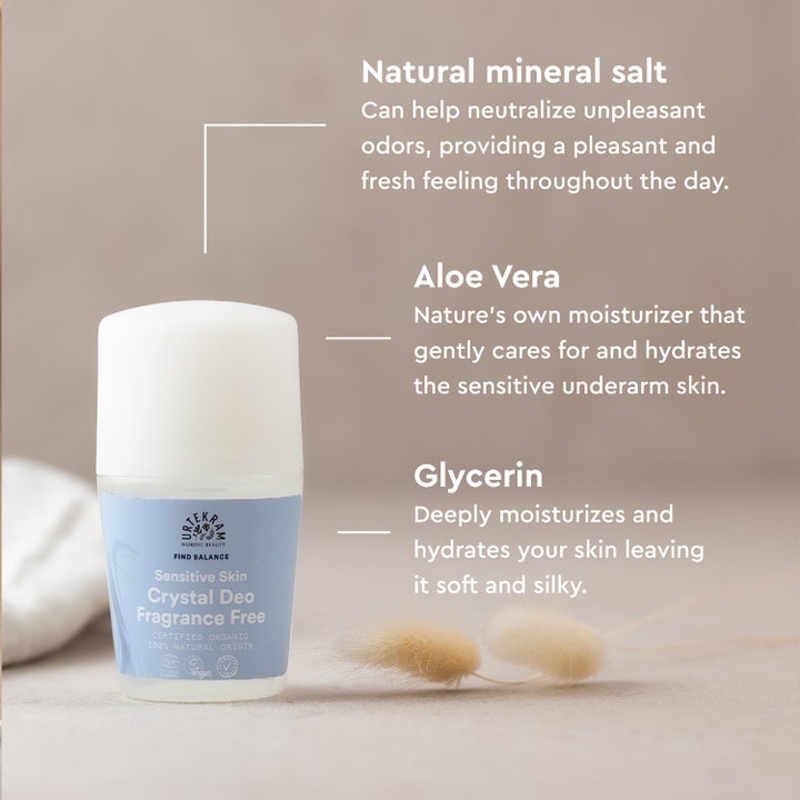 Urtekram Deodorant Fragrance Free 50 ml parfymefri krystaldeo med tekst om mineralsalt aloe vera og glycerin