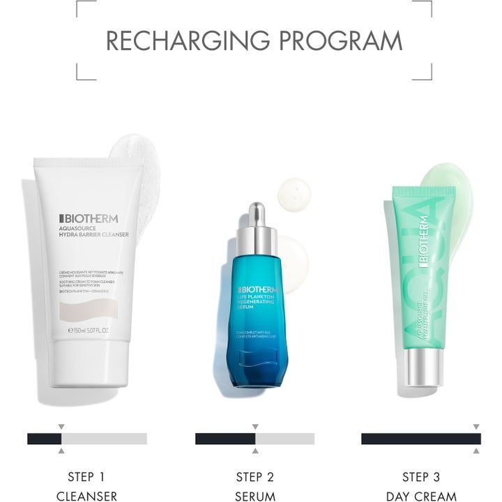 Biotherm Aquasource Hyaluplump Gel 30 ml fugtgivende dagcreme i grøn tube vist som trin tre i en hudplejerutine.