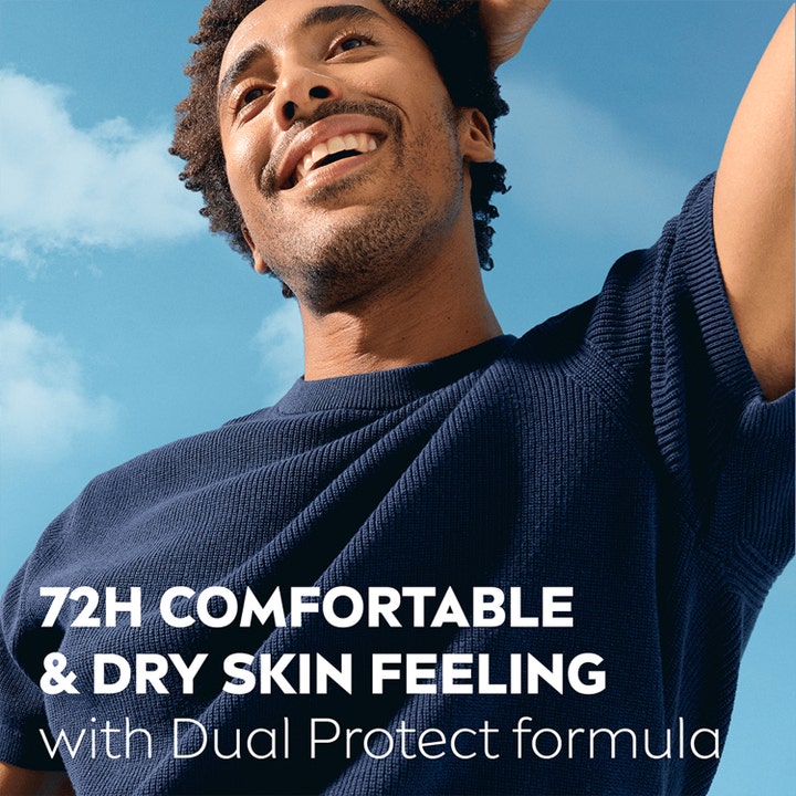 NIVEA MEN Dry Impact Roll-On 50 ml giver 72 timers tør hudfornemmelse vist med en glad mand mod en blå himmel