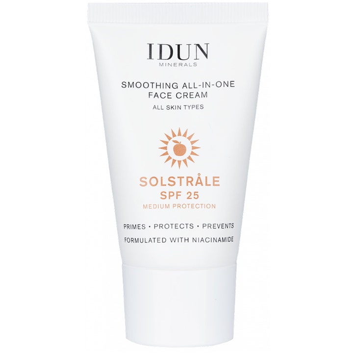 IDUN Minerals Solstråle Smoothing All-In-One Face Cream SPF 25 udglattende dagcreme med niacinamid i hvid tube