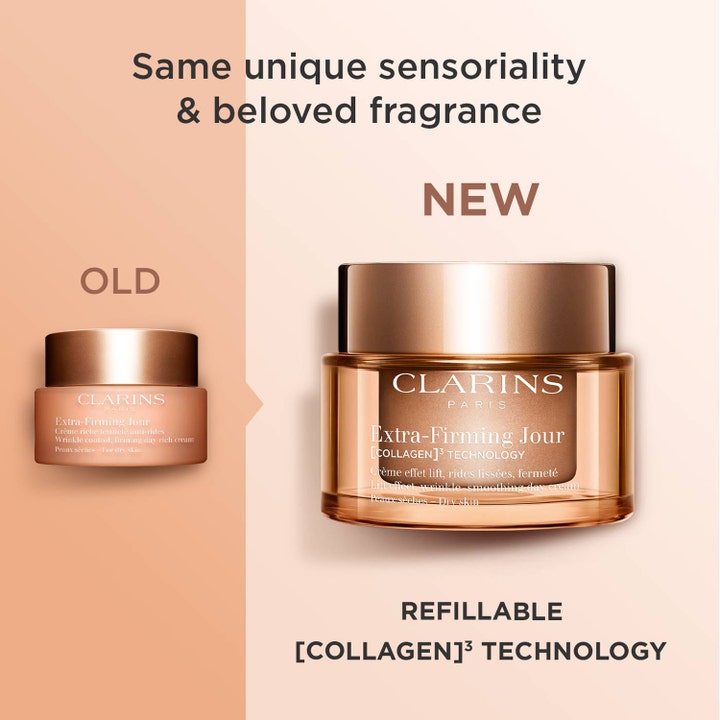 Clarins Extra-Firming Jour 50 ml liftende dagcreme i ny genopfyldelig glaskrukke med luksuriøst guldlåg.