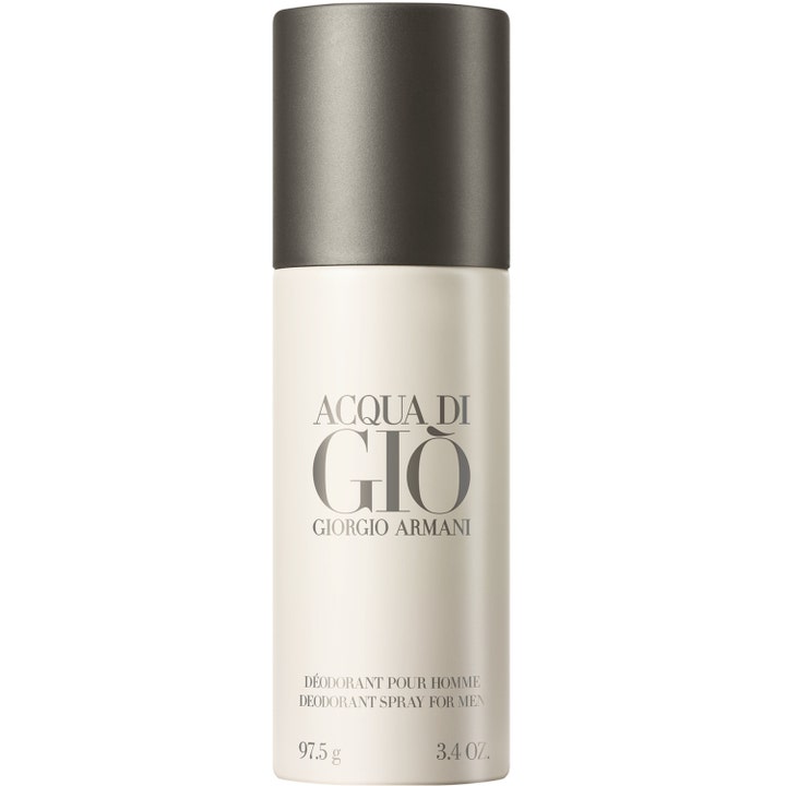 Giorgio Armani Acqua di Gio 150 ml deodorantspray giver langvarig friskhed i hvid flaske med mørkegråt låg