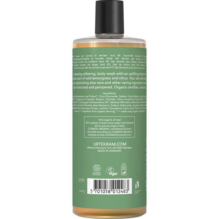 Urtekram Wild Lemongrass Body Wash 500 ml opfriskende duschtvål viser ingrediensliste og veganske logoer på grøn etiket.