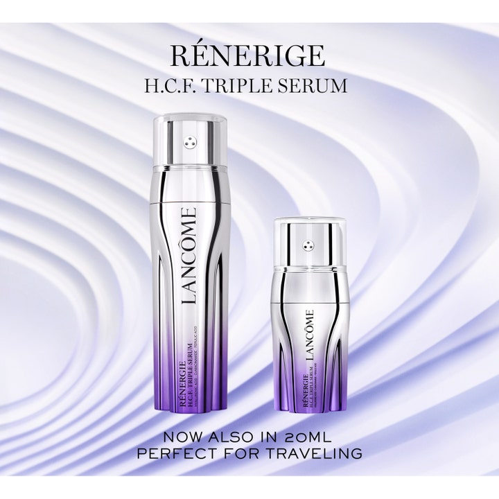 Lancôme Rénergie H.C.F. Triple Serum 50 ml og 20 ml opstrammende ansigtsserum i sølv og lilla flasker til rejsebrug