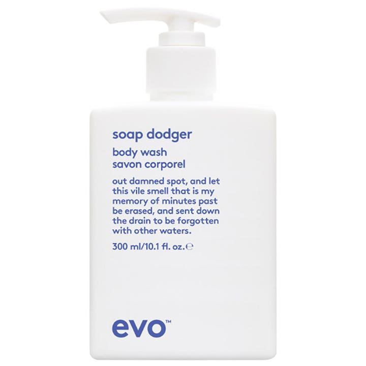 evo soap dodger 300 ml rensende body wash i hvid firkantet flaske med hvid pumpe og blå tekst