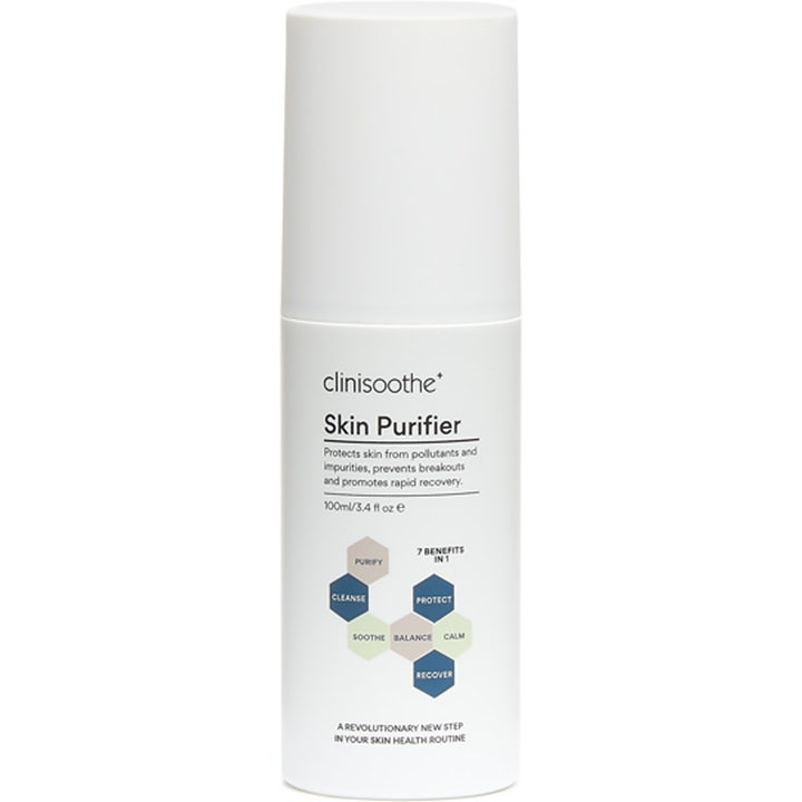 Clinisoothe+ Skin Purifier 100ml rensende spray mod urenheder i en hvid flaske med sekskantede ikoner