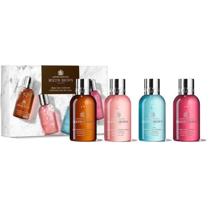 Molton Brown Body Care Collection 4 x 100ml gaveæske med luksus body wash i farvestrålende flasker og hvid marmoræske.