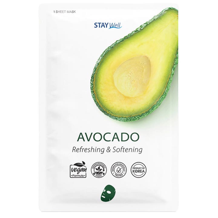 Stay Well Avocado Sheet Mask 1 stk blødgørende ansigtsmaske i hvid pakke med motiv af frisk skåret avocado