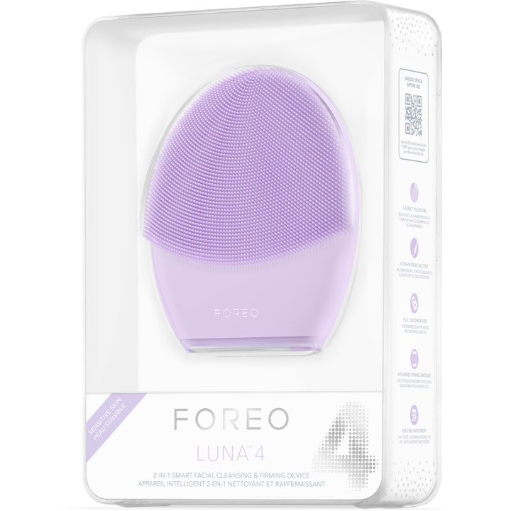 FOREO LUNA 4 Sensitive Skin 1 stk ansigtsbørste i lilla silikone i hvid emballage til skånsom rensning