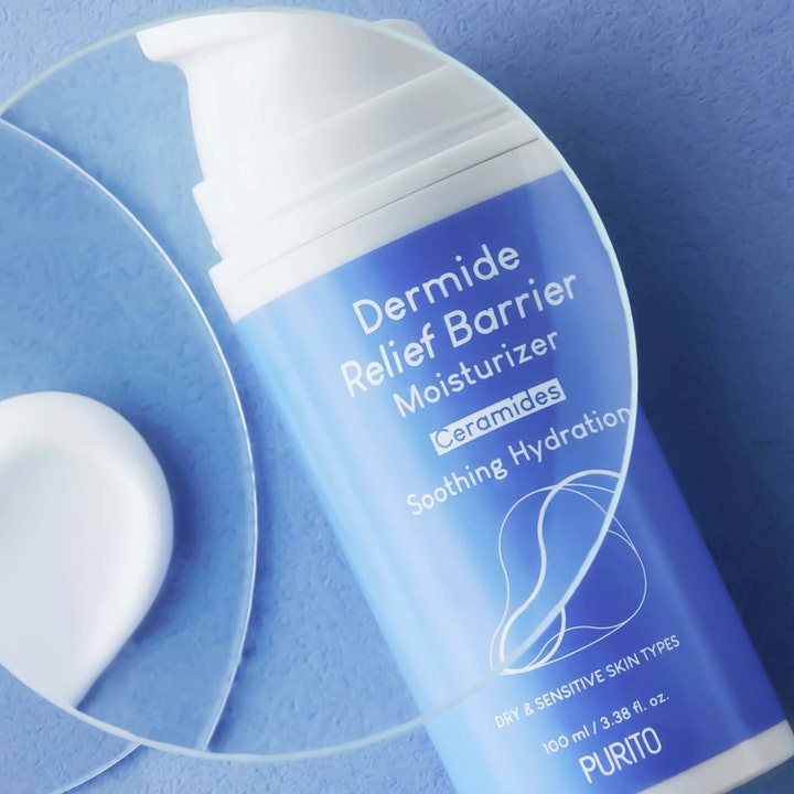 Purito Dermide Relief Barrier Moisturizer 100 ml beroligende ansigtscreme med ceramider i blå pumpeflaske