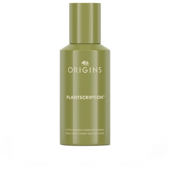 Origins Plantscription Active Wrinkle Correction Serum mod rynker i en glat olivengrøn cylinderformet flaske