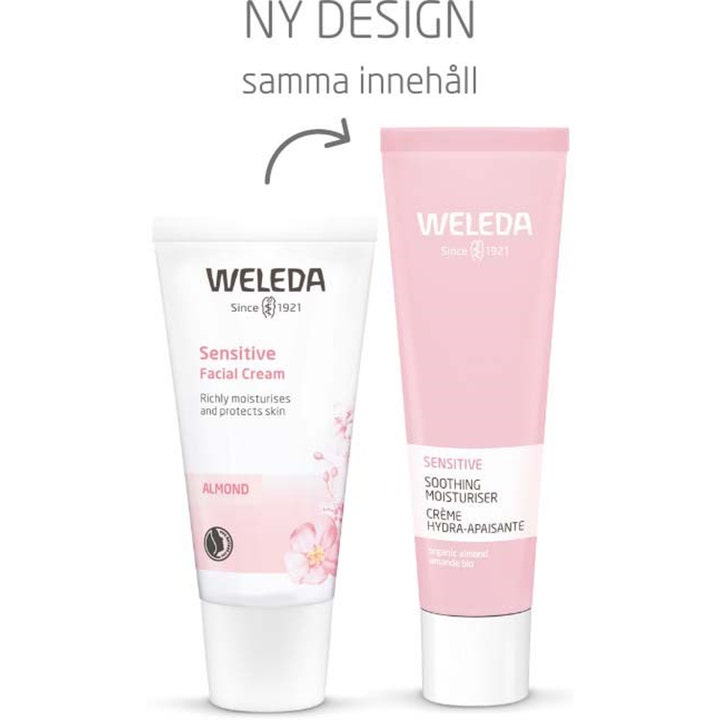 Weleda Almond Soothing Facial Cream 30 ml beroligende dagcreme viser nyt lyserødt design ved siden af den gamle tube.