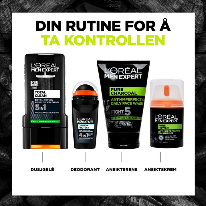 L'Oréal Paris Pure Charcoal Wash 100 ml ansigtsrens i sort tube vist sammen med matchende showergel og ansigtscreme