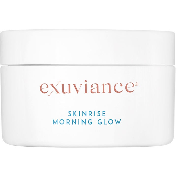 Exuviance SkinRise Morning Glow 36 stk eksfolierende pads der giver glød i hvid krukke med blå tekst