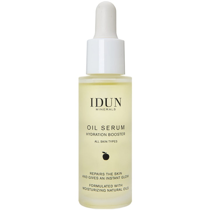 Idun Minerals Oil Serum Hydration Booster 30 ml fugtgivende ansigtsserum der giver glød i en glasflaske med hvid pipette