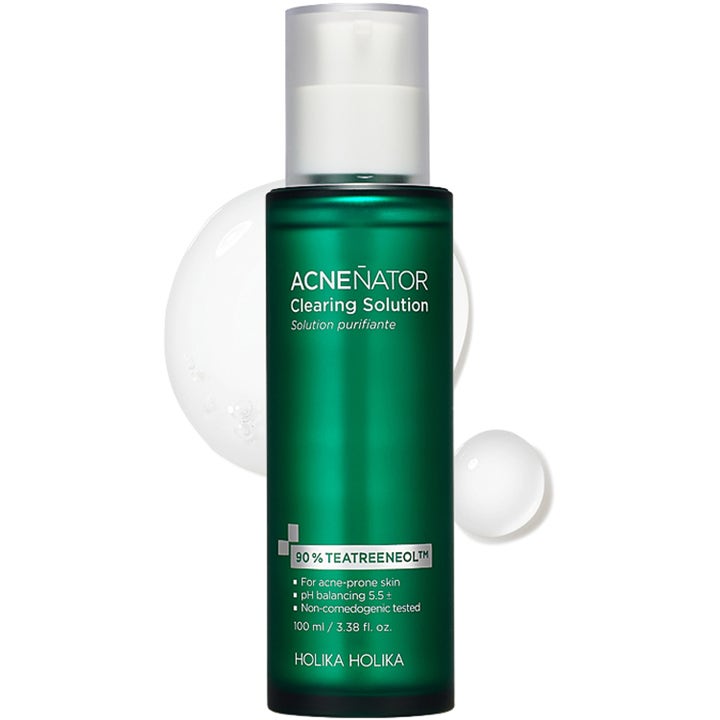 Holika Holika Acnenator Clearing Solution 100 ml serum mod urenheder i grøn flaske med 90% Teatreeneol og klare dråber