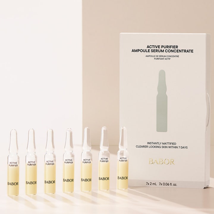 Babor Ampoule Active Purifier 14 ml serum mod urenheder syv glasampuller ved hvid æske der skaber matteret hud