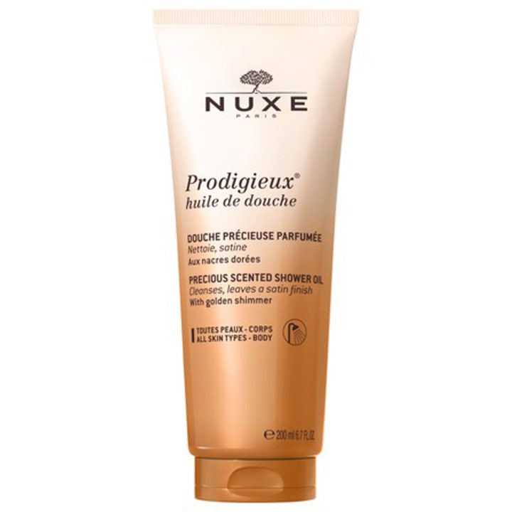 Nuxe Prodigieux Huile de Douche 200 ml bruseolie der giver huden en satinfinish i en gylden tube med shimmer.