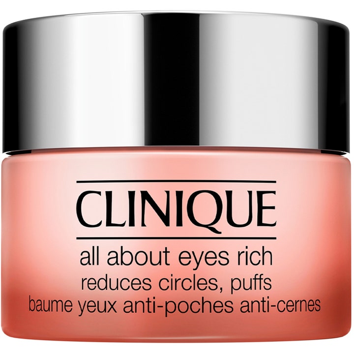 Clinique All About Eyes Rich øjencreme mod mørke rande i en ferskenfarvet glaskrukke med blankt sølvlåg
