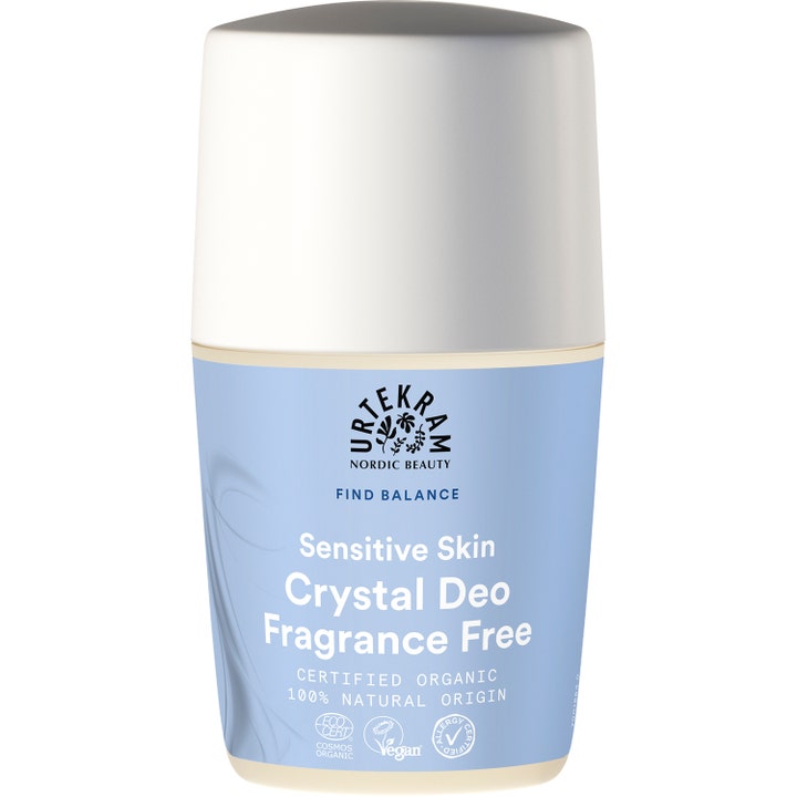 Urtekram Sensitive Skin Crystal Deo Fragrance Free 50 ml parfymefri krystaldeo i lyseblå emballage med hvidt låg