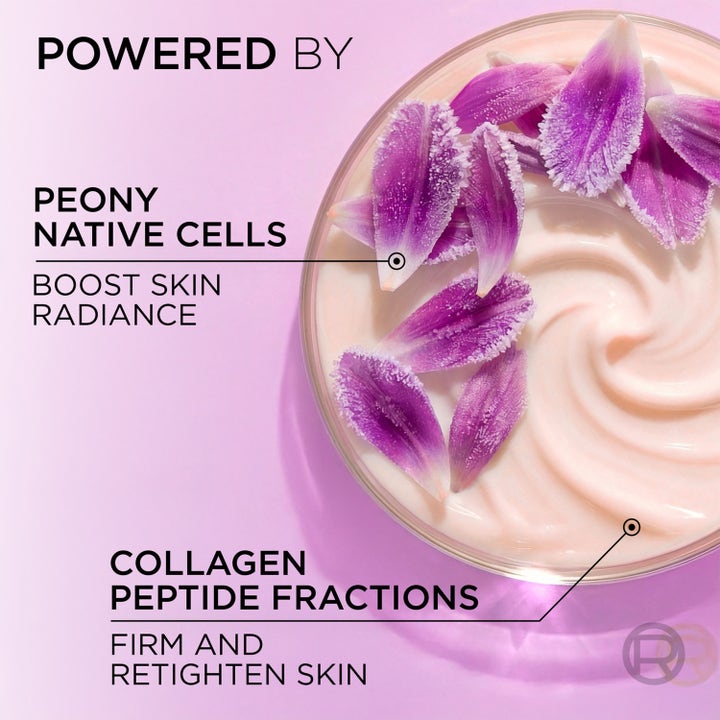 L'Oréal Paris Age Perfect Golden Age 50 ml natcreme med hvirvlet lyserød tekstur og lilla pæonblade der giver glød