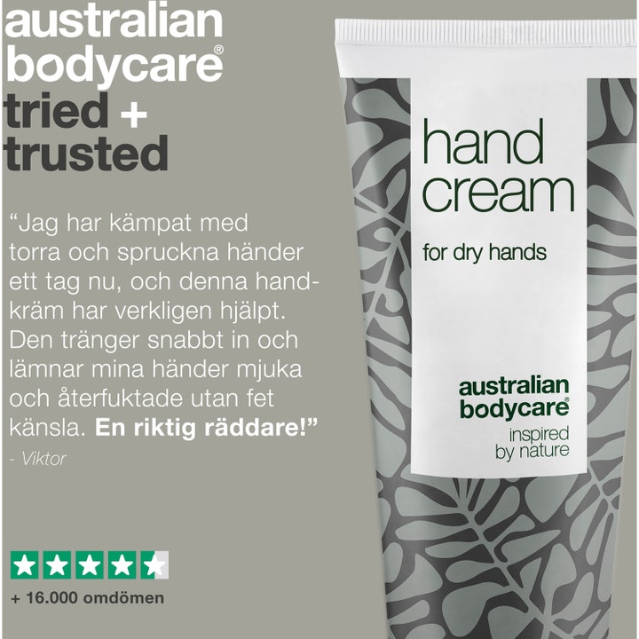 Australian Bodycare Hand Cream 100 ml håndcreme til tørre hænder i hvid tube med gråt mønster og kundeanmeldelse