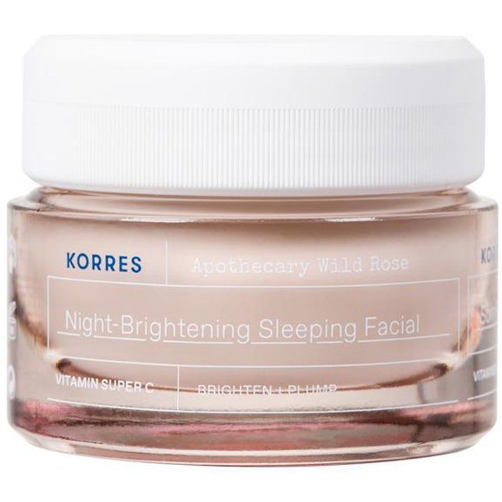 Korres Apothecary Wild Rose Night-Brightening Sleeping Facial 40 ml natcreme giver glød i glaskrukke med hvidt låg