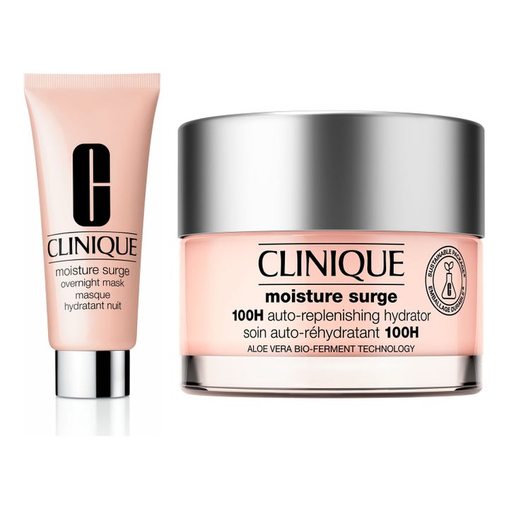 Clinique Moisture Surge fugtgivende ansigtscreme i krukke og natmaske i tube i lyserød emballage med sølvlåg