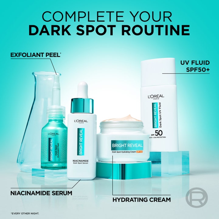 L'Oréal Paris Bright Reveal Niacinamide Serum 30 ml hudplejerutine mod mørke pletter med creme og UV-fluid SPF 50.