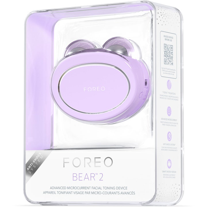 FOREO BEAR 2 Lavender 1 stk hudtonende mikrostrømsenhed i gennemsigtig æske med Anti-Shock System tekst.