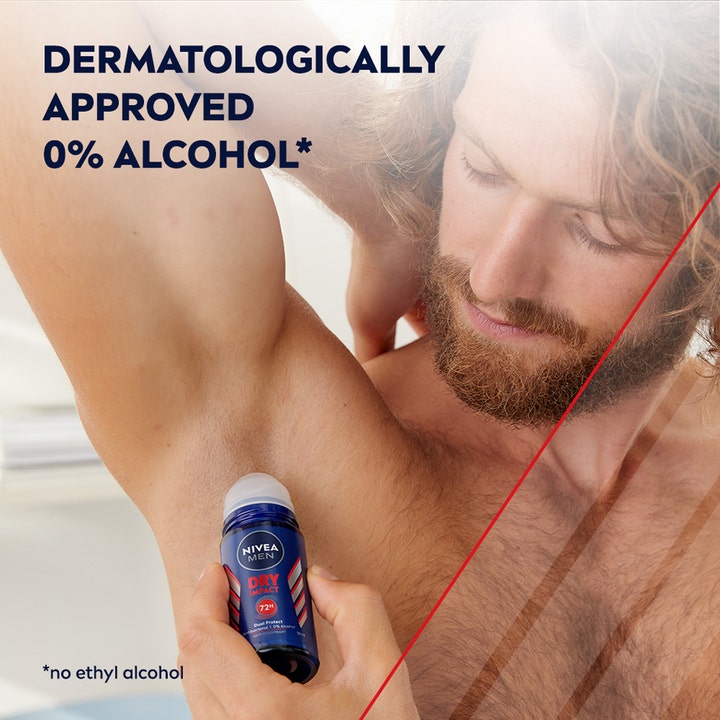 NIVEA Dry Impact Roll On Mini 25 ml herre-deodorant uden alkohol vist på mand der påfører roll-on i armhulen.