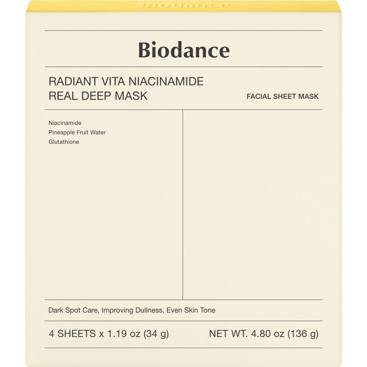 Biodance Radiant Vita Niacinamide Real Deep Mask 4 stk sheet masks mod trist hud i en cremehvid æske med gul kant