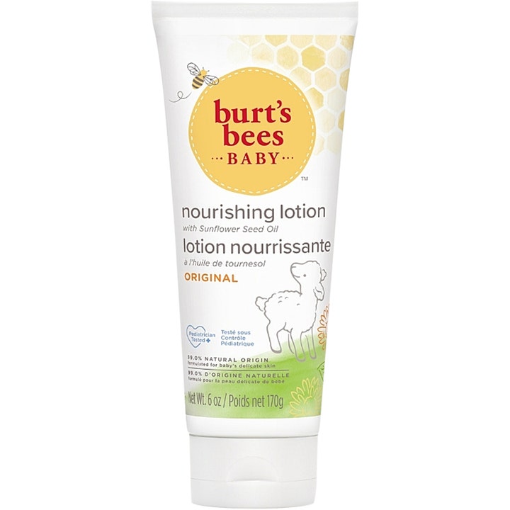 Burt's Bees Baby Nourishing Lotion 170g blødgørende babycreme i hvid tube med gult bikagemønster og et lam