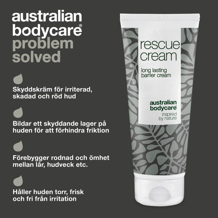 Australian Bodycare Rescue Cream 100 ml barrierecreme mod rødme og friktion i hvid tube med gråt bladmønster