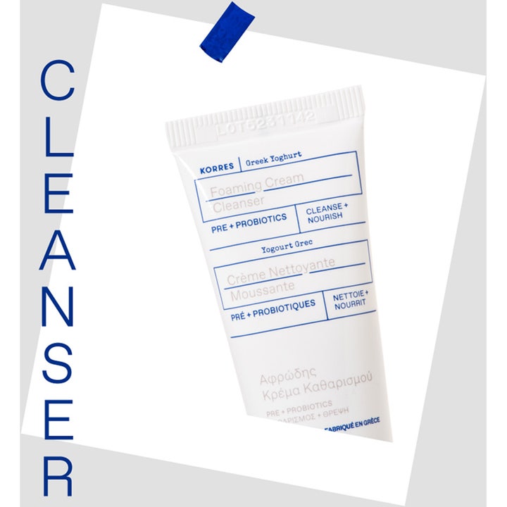 KORRES Greek Yoghurt Foaming Cream Cleanser 150 ml ansigtsrens i hvid tube med blå tekst og præbiotika.
