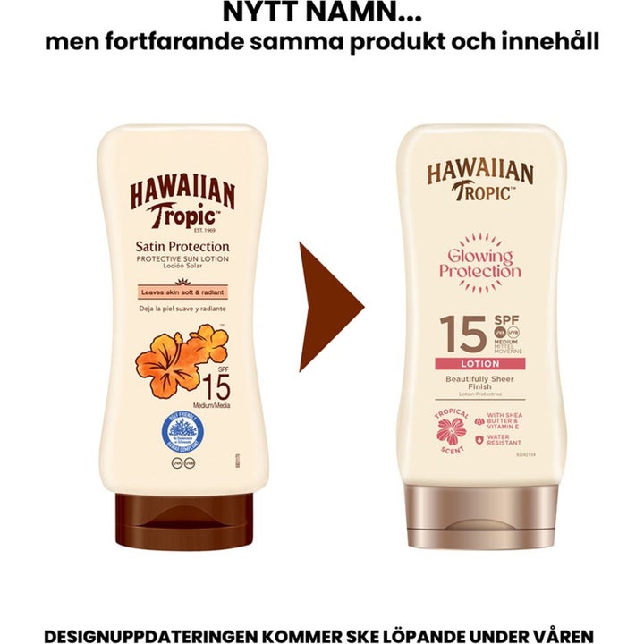 Hawaiian Tropic Tanning Favorites solcreme SPF 15 der viser nyt og gammelt emballagedesign