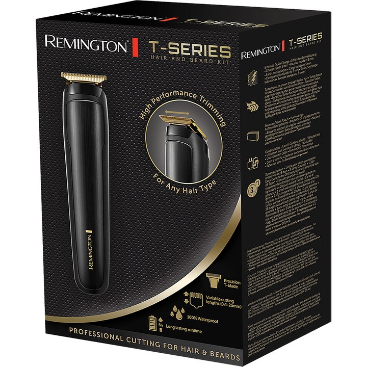 Remington MB7050 T-Series Hair & Beard Kit 1 stk skægtrimmer i sort indpakning med guld T-blade