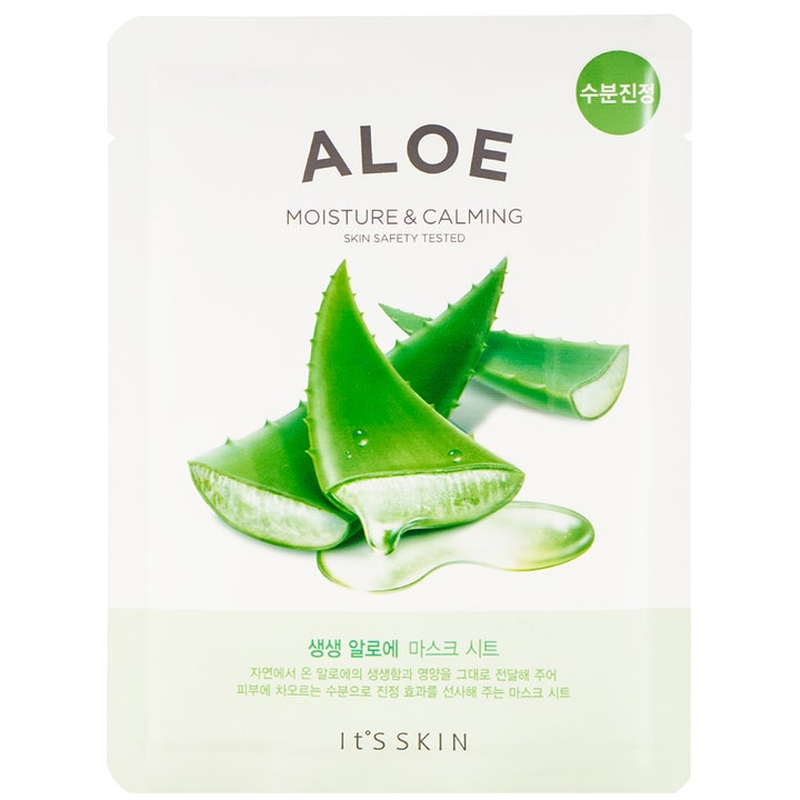 It'S SKIN Aloe Moisture & Calming 1 stk beroligende ansigtsmaske i hvid sachet med grønne aloe vera-blade